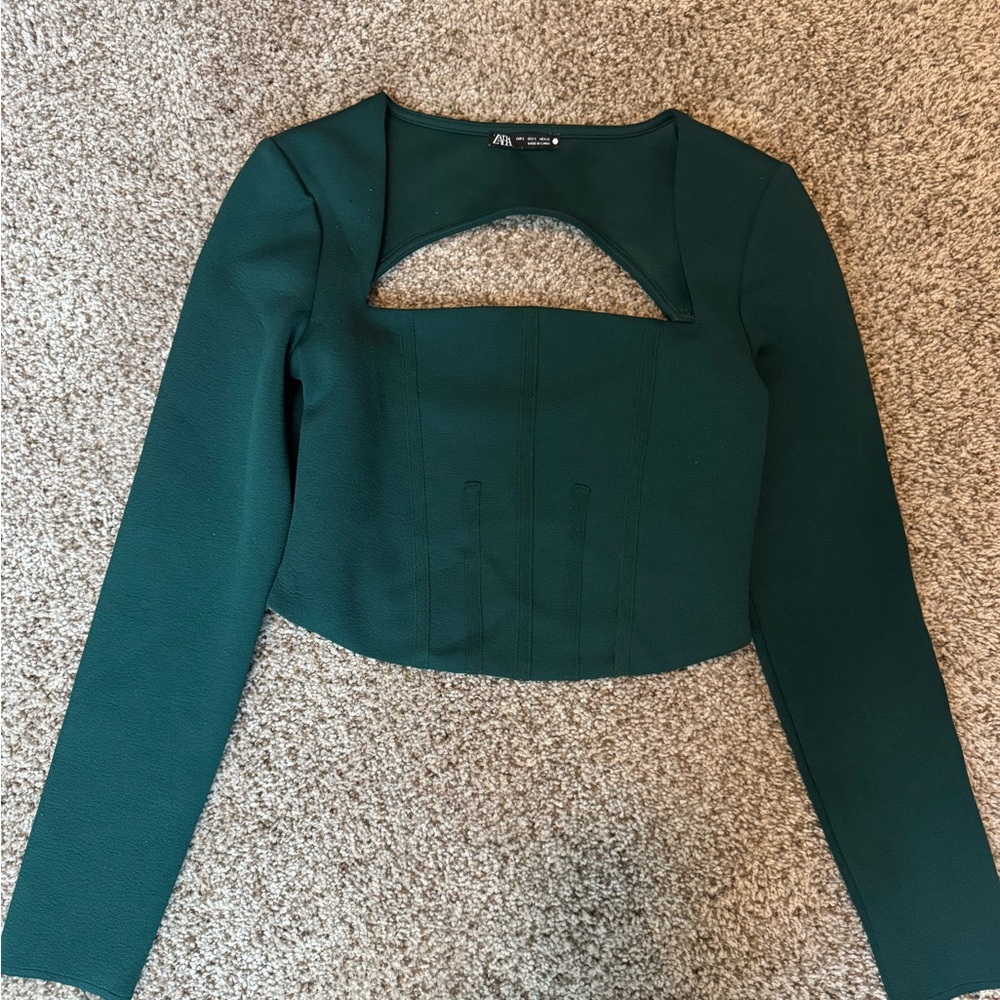 Zara Dark Green Long-Sleeve Cutout Crop Top